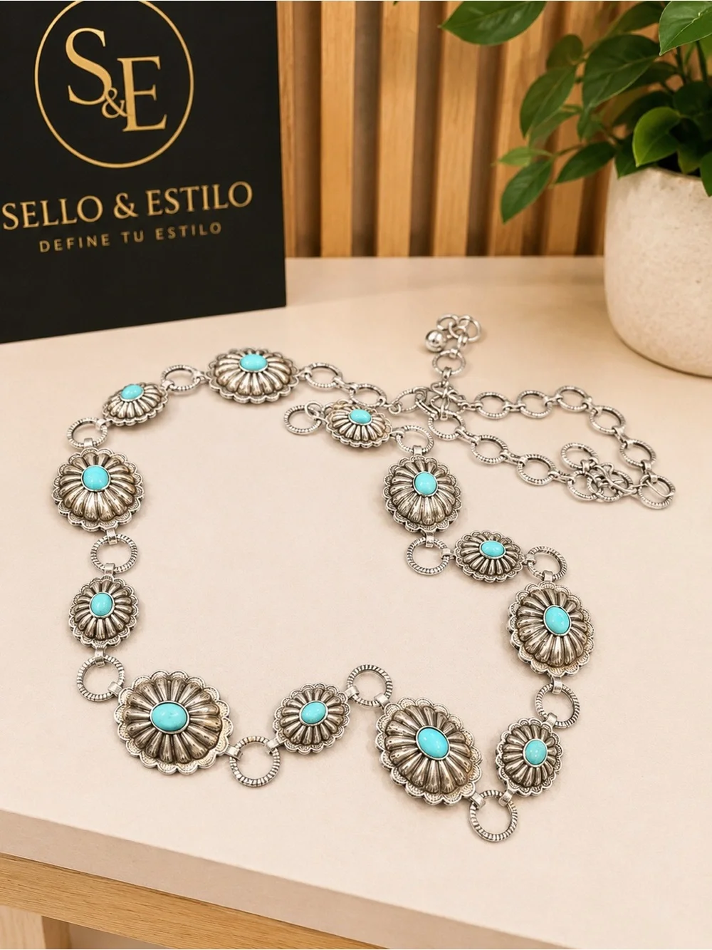 Turquoise Accent Silver Floral Concho Chain Belt - Women Accessories